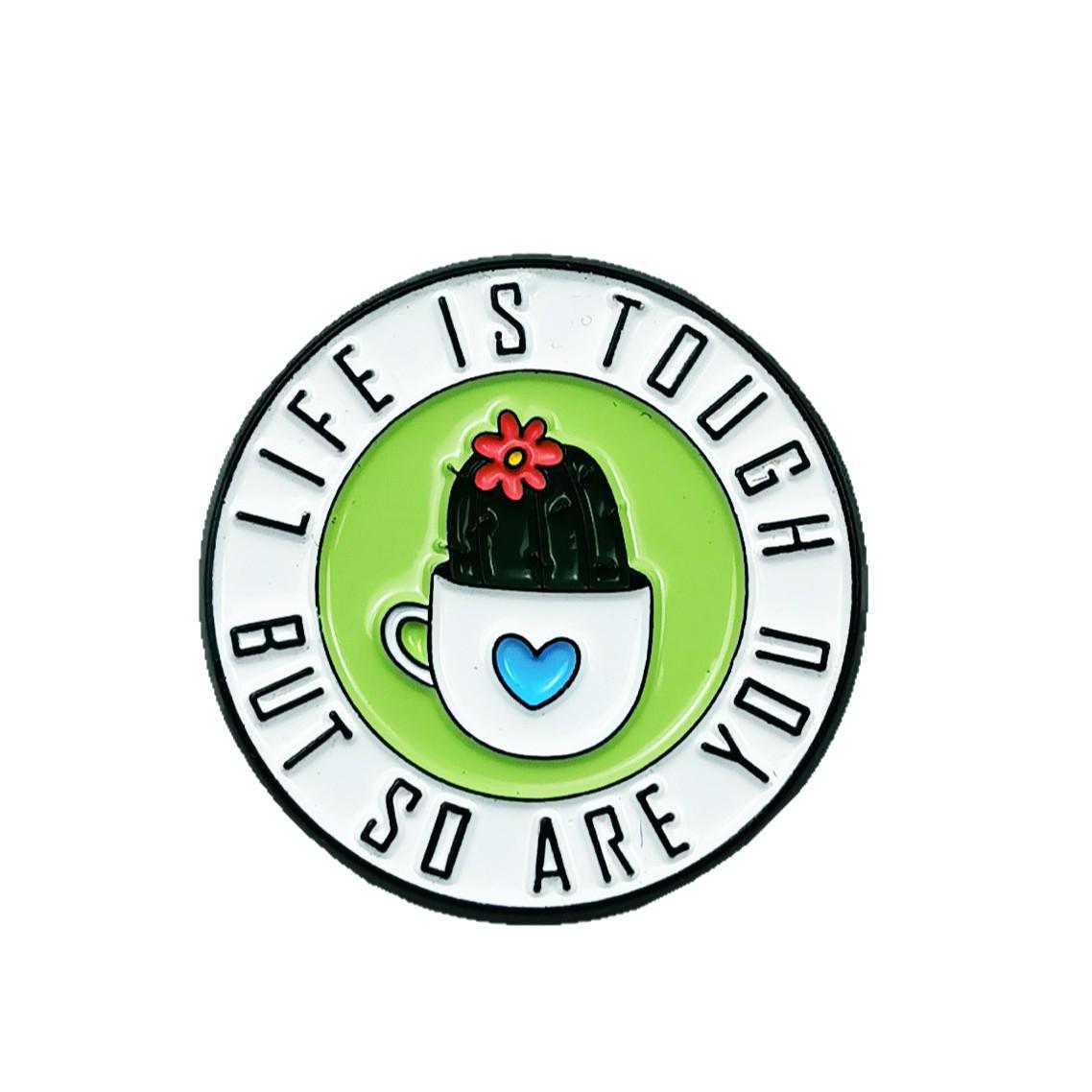 Creative Cactus Brooch with English Letters - Green Plant Round Drip Oil Alloy Badge
