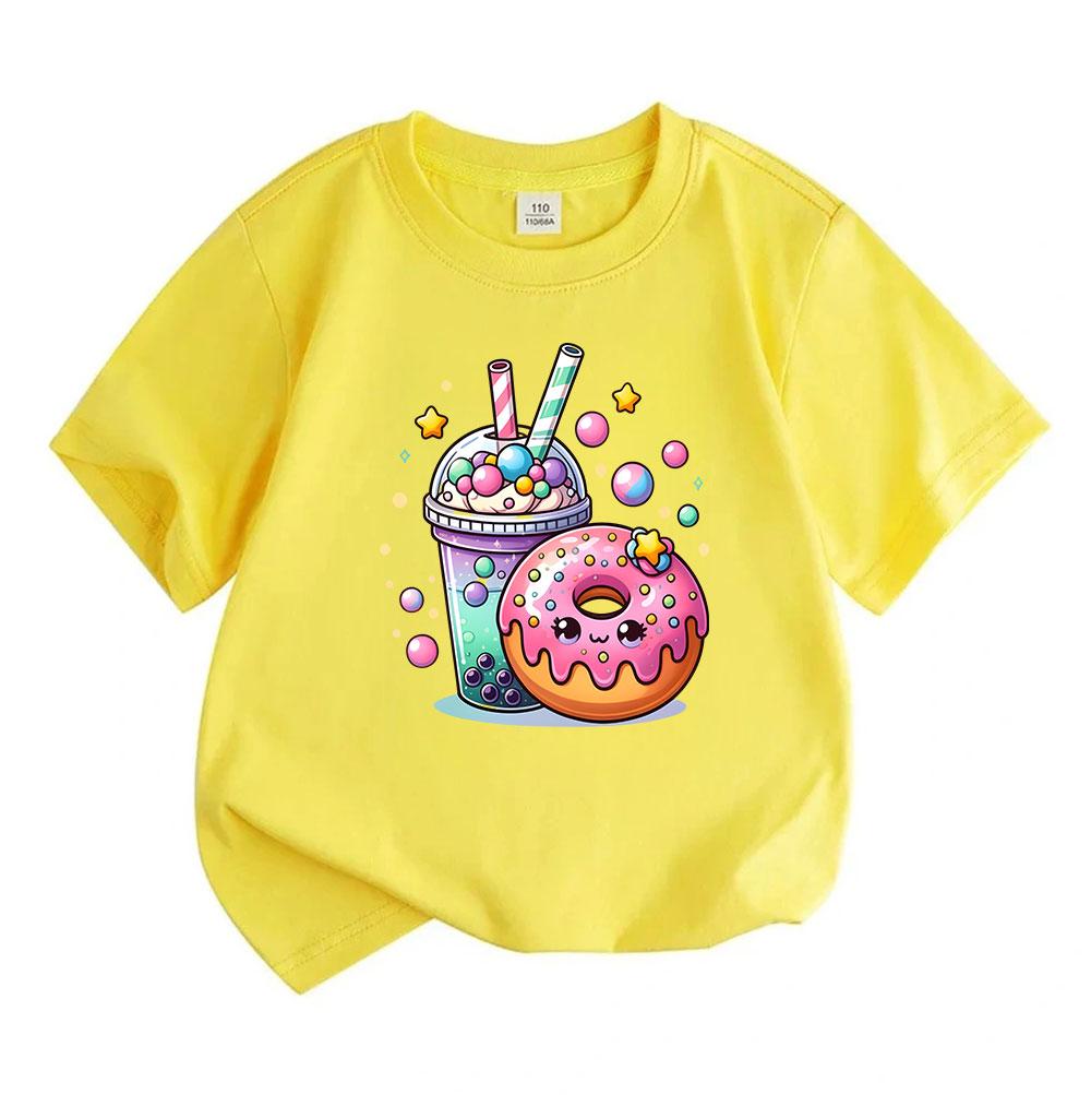 Kids Boys Girls Crew Neck Short Sleeve 100% Cotton T-Shirt, Cute Cartoon Bubble Tea Donut Graphic Casual Lightweight Summer Tee for Children Daily Wea