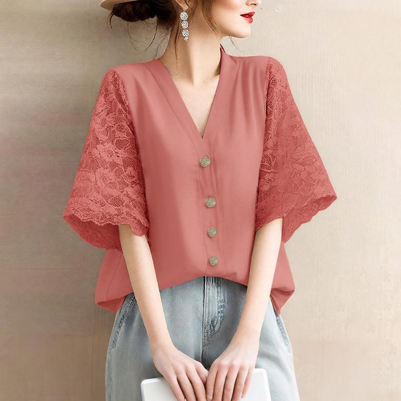 ZANZEA Women Casual V-Neck Loose Lace Splice 3/4 Sleeve Blouse