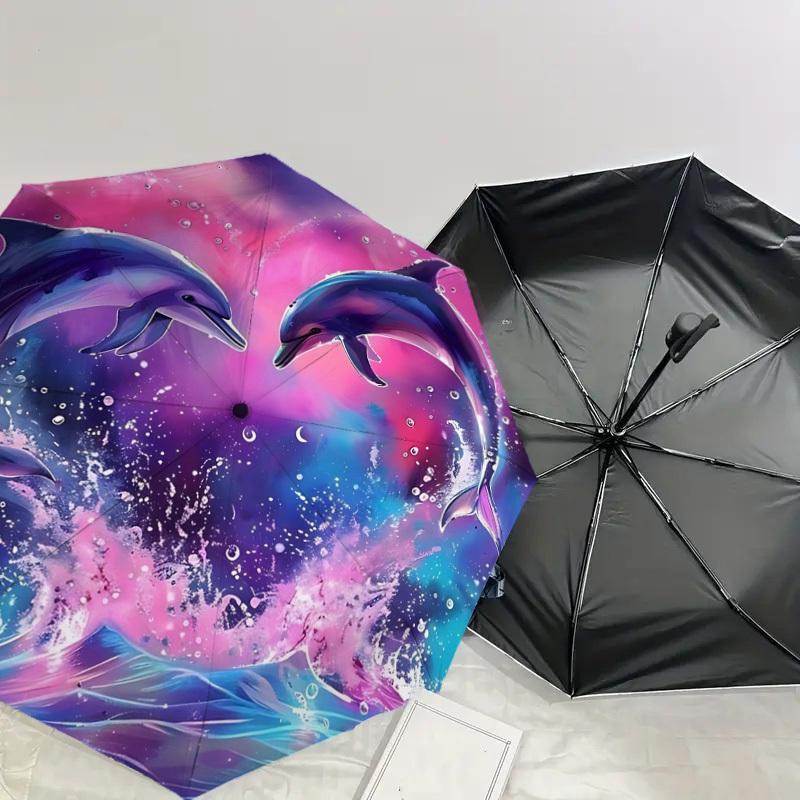 1pc Dolphins Heart Automatic Folding Umbrella 8 Rib Iron Frame, Suitable for Travel, Daily Use, Birthday, Women & Men Gift c1231062