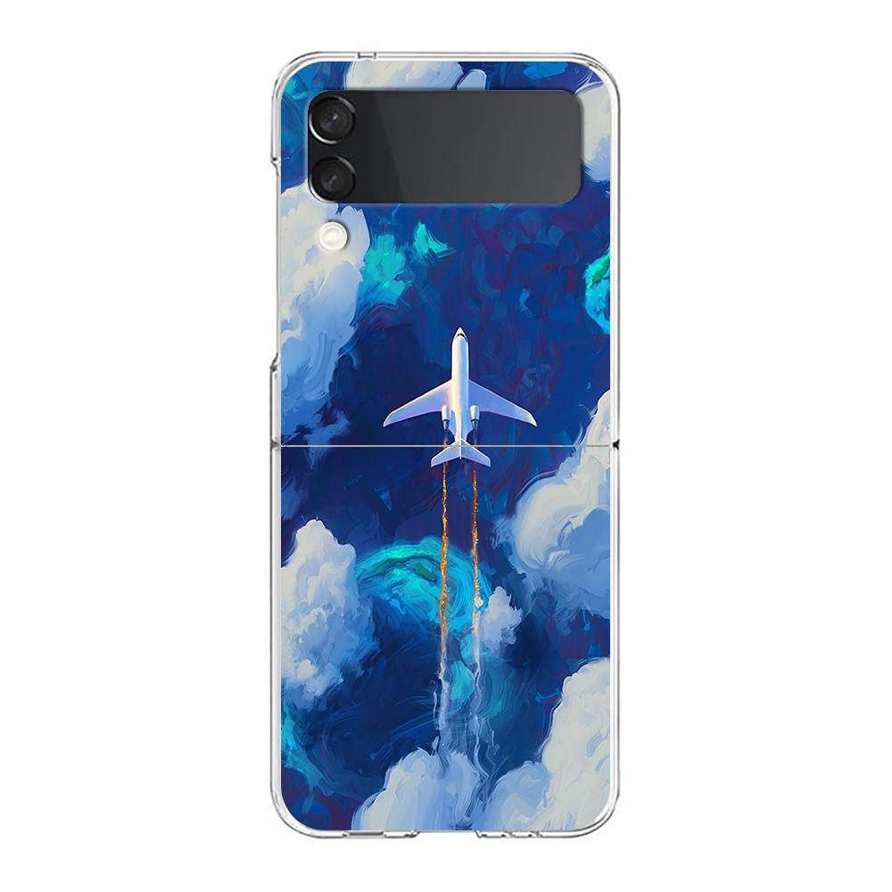 Transparent Phone Case For Samsung Galaxy Z Flip 3 4 5 6 7 Hard Folding PC Z Flip3 Flip4 Cover Cute Blue Pattern