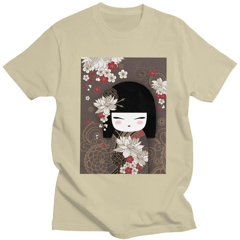 Custom Kokeshi Doll Cherry Blossoms T Shirts Men 100 Cotton Tee Tops Japanese Kimono Geisha Girl Tshirts Tshirt