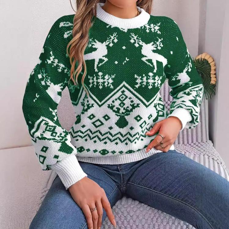 Knitwear Vintage Cardigan Print Sweater Autumn Winter Long Sleeve Loose O-Neck Top Christmas