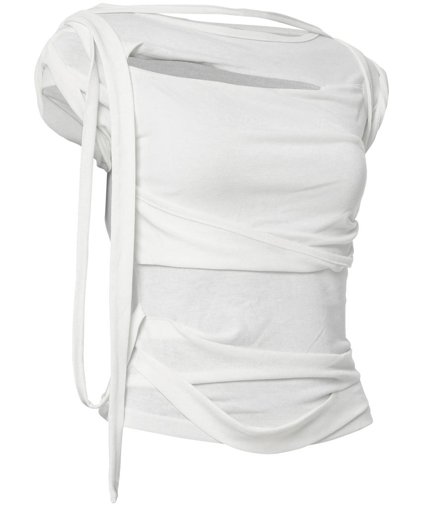Peulleeoeob Asymmetrical Draped Strap Roll-Up T-Shirt (Fl-170_Cream)