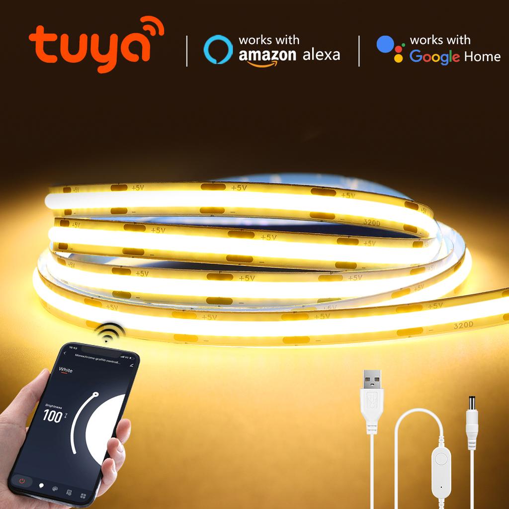 Tuya DC 5V USB COB LED Strip Light 320LEDs/M Wireless WiFi Remote Dimmable Cabinet TV Backlight Tape Alexa Google Voice Control
