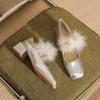 53310 [sheepskin] silver high heels women's 2025 new square head Mary Jane shoes thick heel Mao Mao single shoes