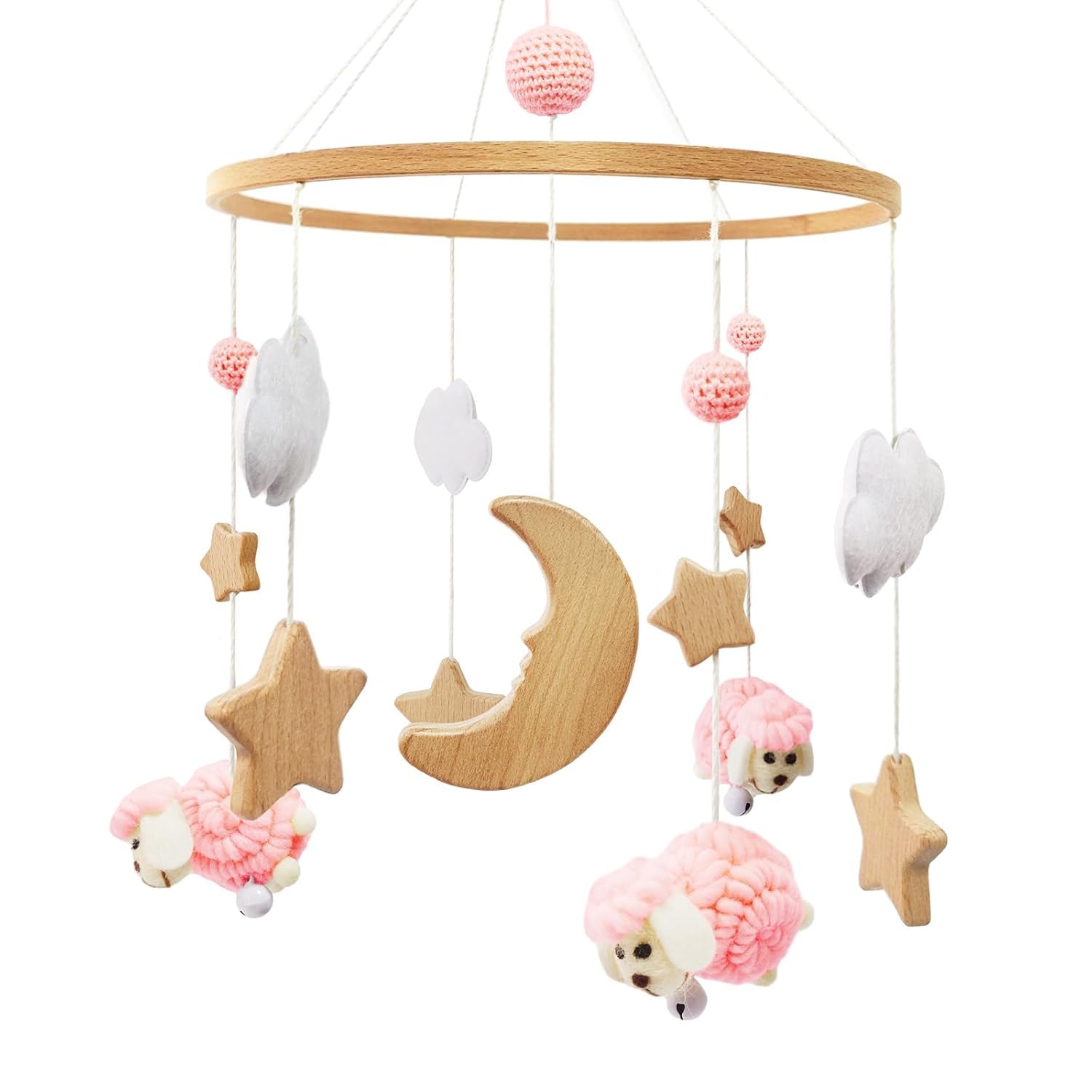 

Сделайте деревянный мобиль для кроватки со звездным Монтессори настенным интерьером, на день рождения, для младенца, для сна, чтобы не плакал, давайте считать овец, луна, звезды, облака, небо, украшение, розовый