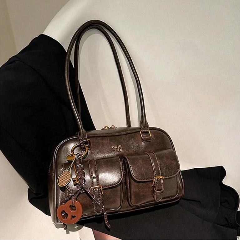 Ladies' Pure-Colored Glossy PU Leather Bost Bag, Multi-Pocket Large Capacity Messenger Handbag With Hanging Decor