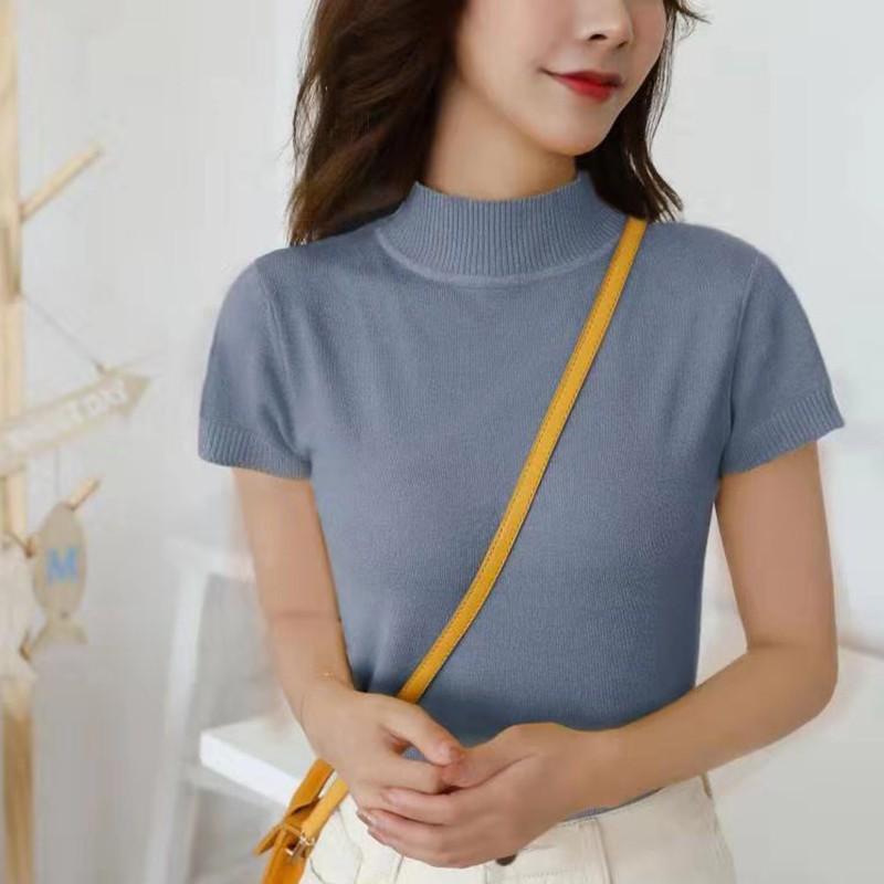 Women's Solid Half Turtleneck Slim Short Sleeve Knitted T-Shirt