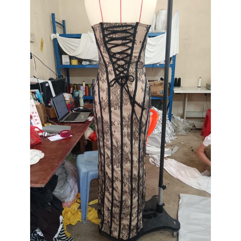 Damen Freizeit Langarm Enganliegend Spitze Träger Meerjungfrau Bodycon Langes Kleid