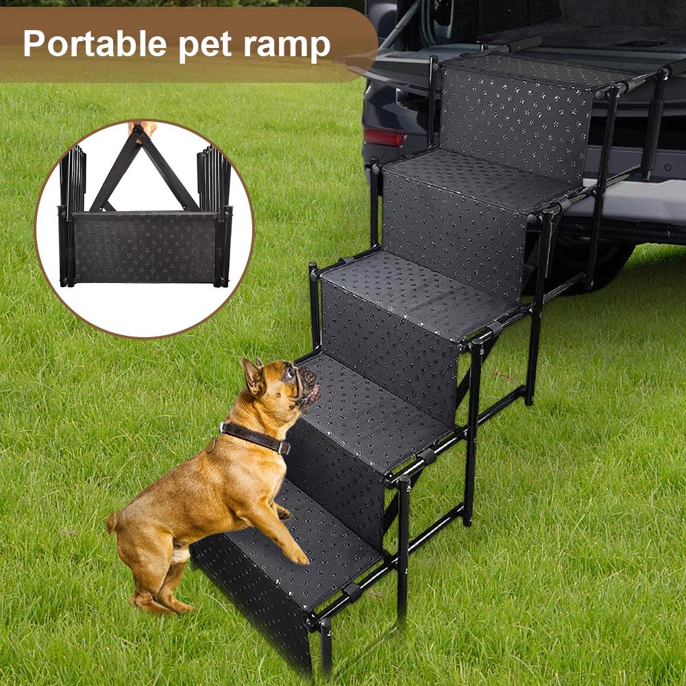 5 Steps Foldable Pet Ladder Support with Nonslip Surface Dog Car Ramp for Large Dog Support Up To 150 Lbs for Cars and SUV Truck