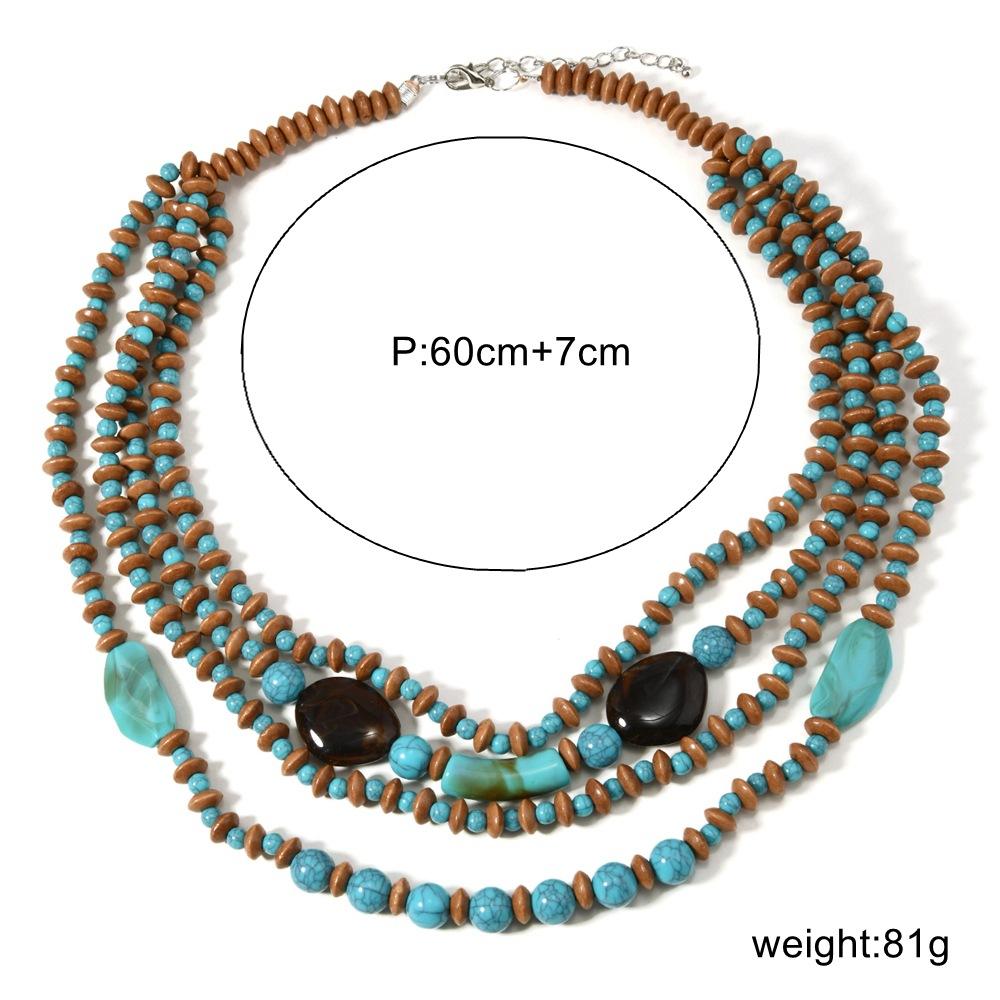 Bohemian Retro Wooden Beads Imitation Turquoise Multi-layer Necklace Sweater Chain