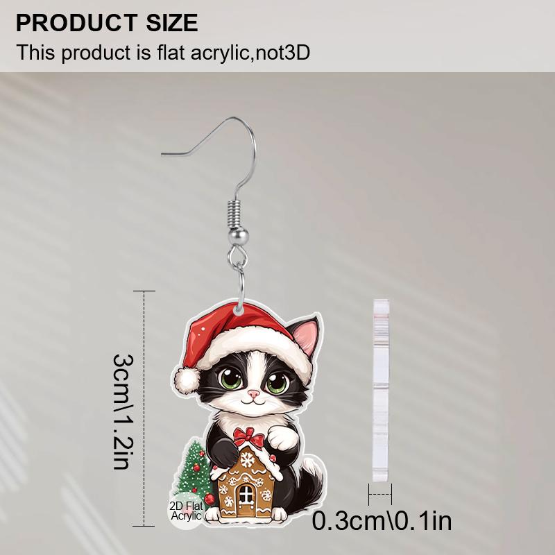 2D Flat Acrylic Christmas Cat House Pendant Earrings Women's Christmas Jewelry Holiday Party Accessories