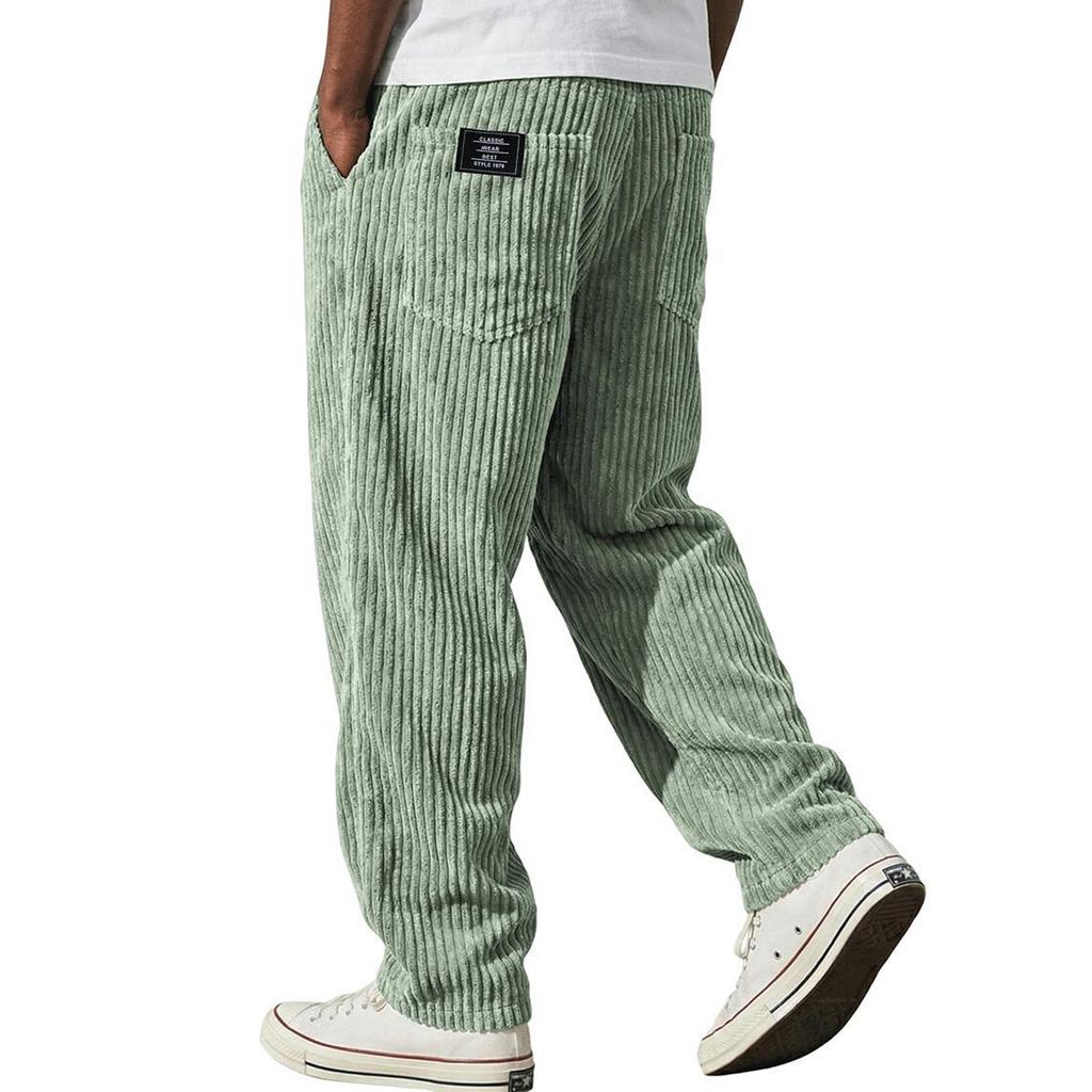 Men's Relaxed Fit Straight Leg Casual Pants with Vertical Stripe Pattern Back Patch Two Rear Pockets Elastic Waistband Durable Fabric Trousers