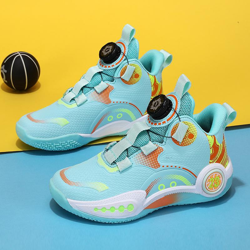 Children's Basketball Shoes Teen Leather Professional Sneakers Boys' Shoes Button Friction Sound Medium and Older Children's Sneakers
