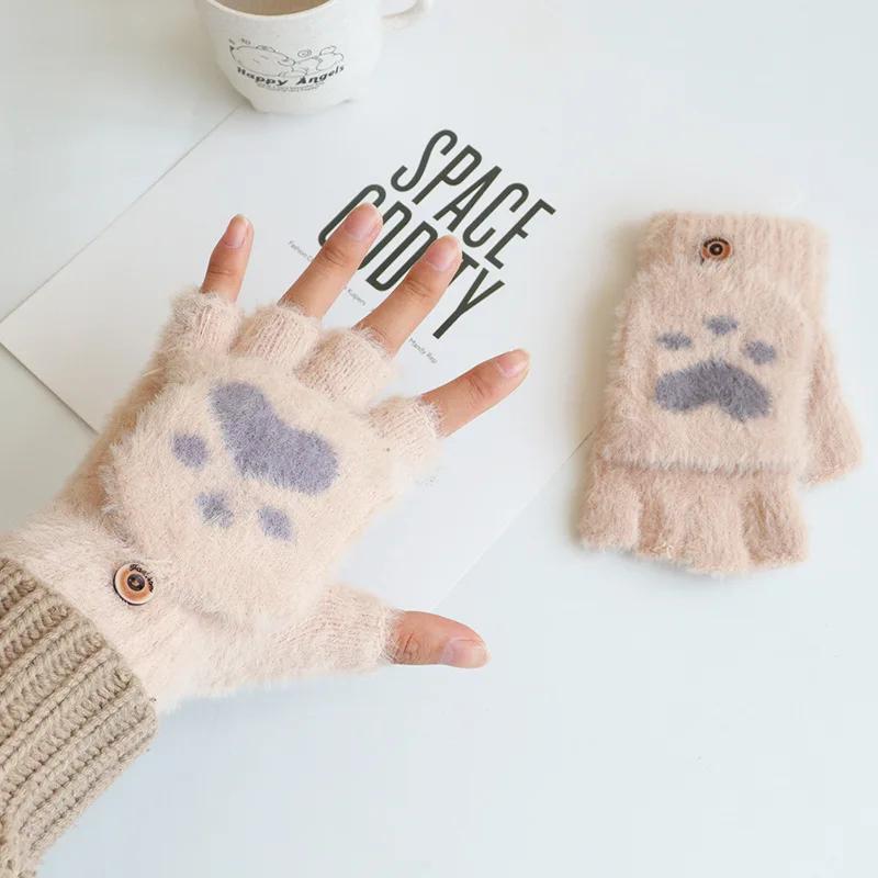 

Winter Knitted Cat Paw Mittens Convertible Flip Top Gloves Thermal Plush Lined Half Finger Gloves Cartoon Animal Claw Design 1Pair бежевый