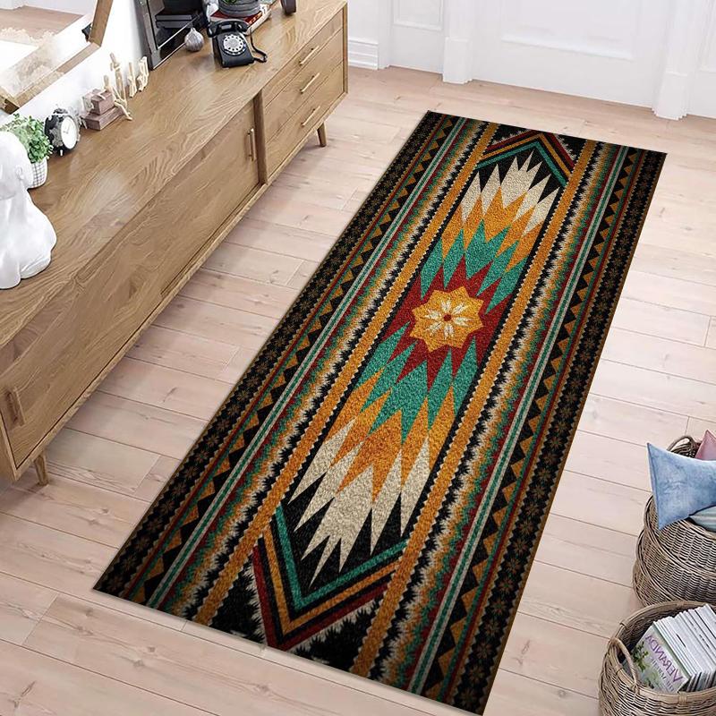Chic Southwestern Ethnic Long Runner Rug Exquisite Geometric Design Durable Non-slip Decorative Carpet for Hallway Entryway