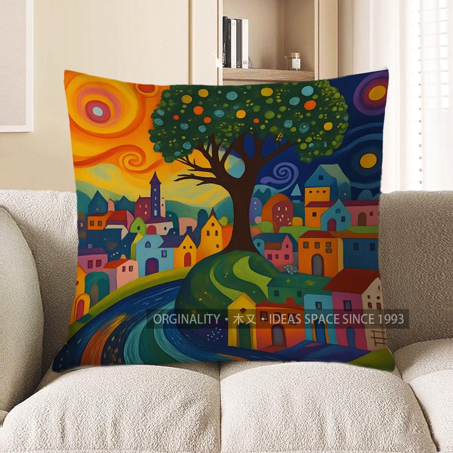 Home Decor Colorful Village Landscape Pattern Pillow Cover Pattern Cushion Cover Suitable For Sofa Bedroom Car Pillow Cover