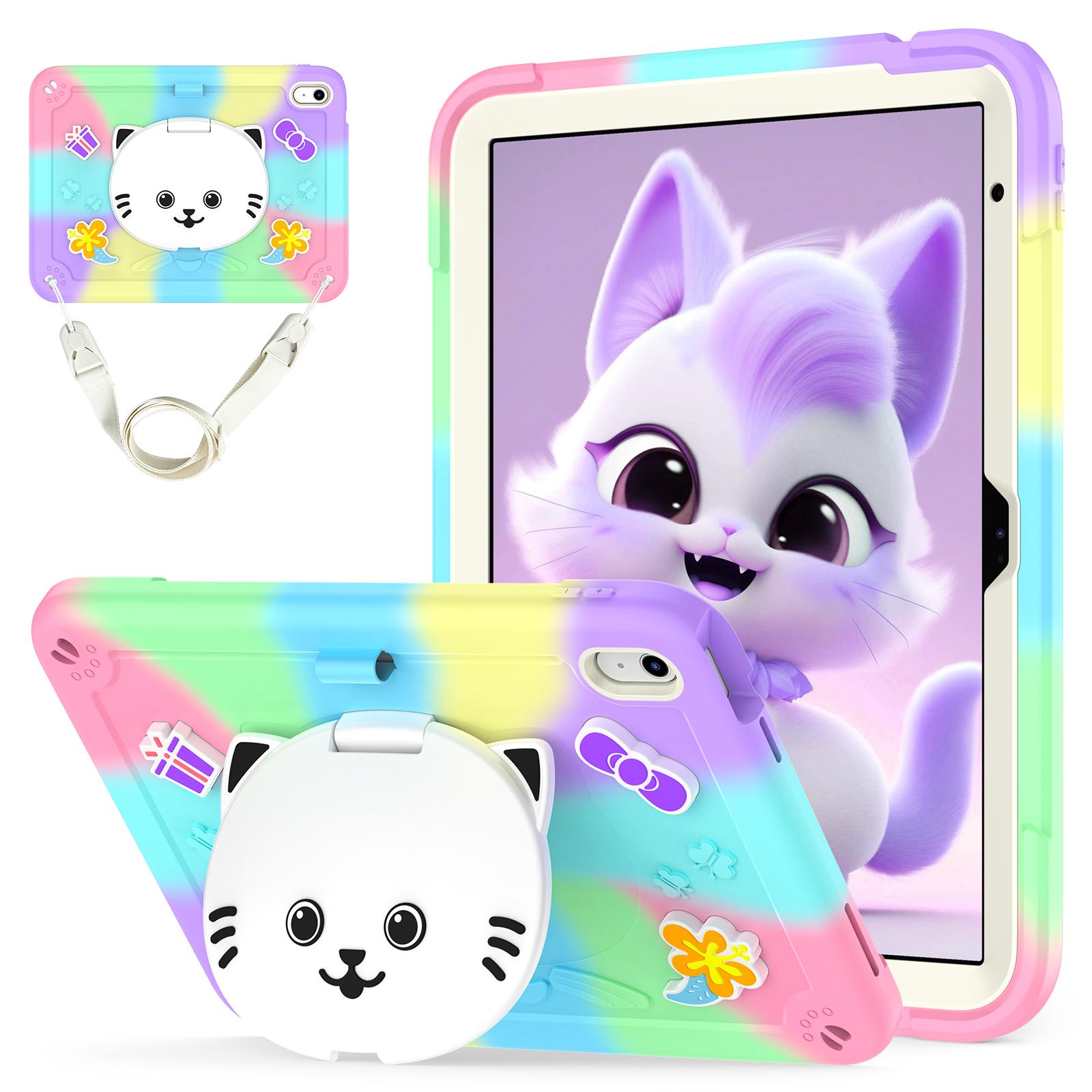 

For iPad (2025)/iPad 10.9 (2022) Case PC + Silicone Colorful Tablet Cover with Cat Kickstand/Shoulder Strap