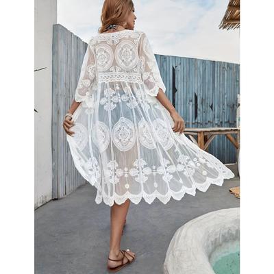 Women'S Boho V-Neck Half Sleeve Embroidered Lace Beach Cover Up, Polyester 100% Knit Fabric, Summer Sun Protection Bikini Cardigan with Belt Detail