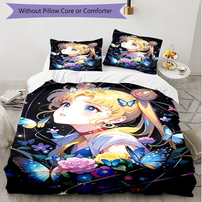 3-teiliges Bettbezug-Set (1 * Bettbezug + 2 * Kissenbezug, ohne Kern), Sailor Moon Druck Weiches Ganzjahres-Bettwäscheset, Heim-Schlafzimmer-Dekoration Geschenk