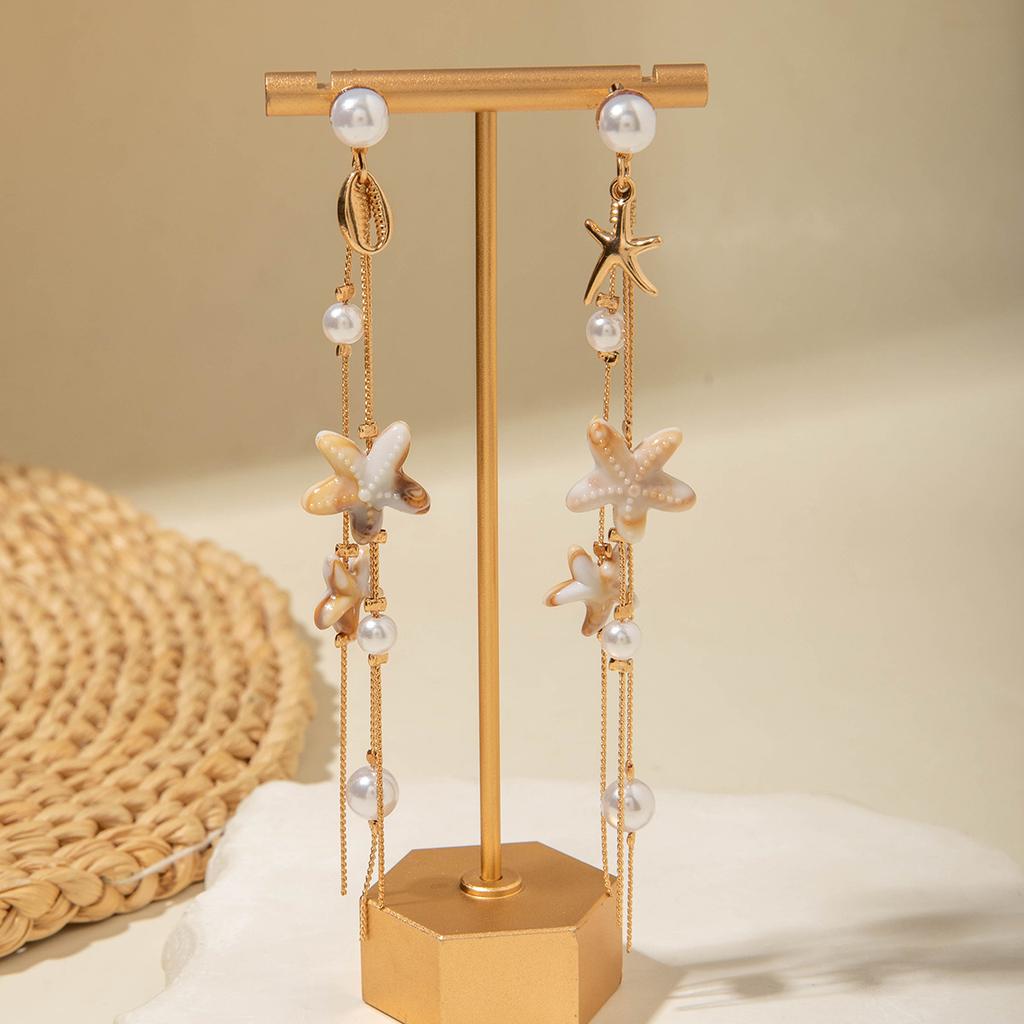 Ocean ins Wind Metal Starfish Jellyfish Earrings, Bohemian Imitation Pearl Fringed Earrings