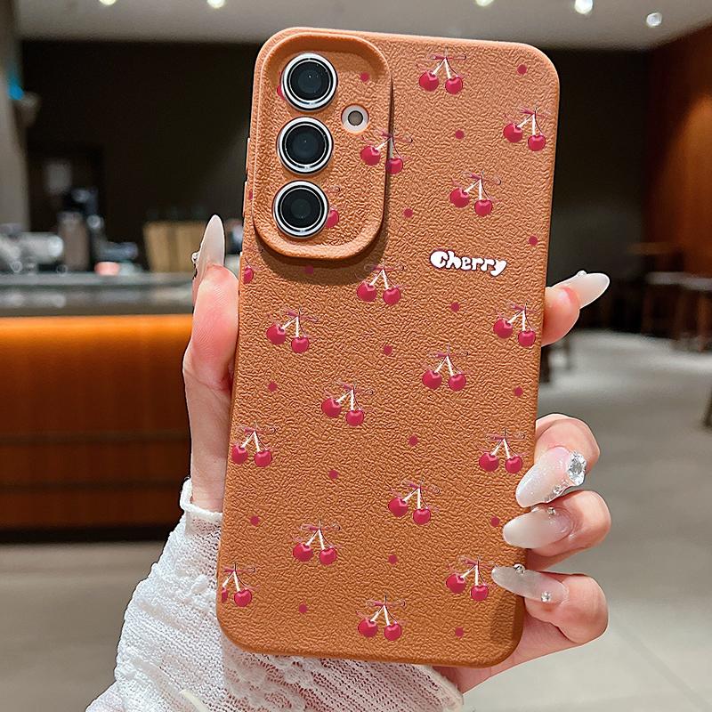 Cherry Fruits Print Case For Samsung S26 S25 Ultra S24 S23 S22 S21 FE A15 A35 A55 A16 A36 A56 A17 A18 A37 A57 5G Leather Texture Soft Cover