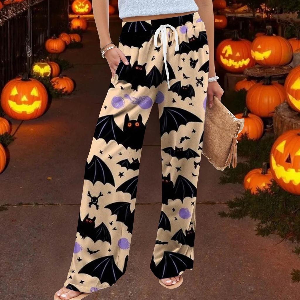 Women's Casual Wide Leg Pants Stretch Belt Pocket  Print Adjustable Tie Pants