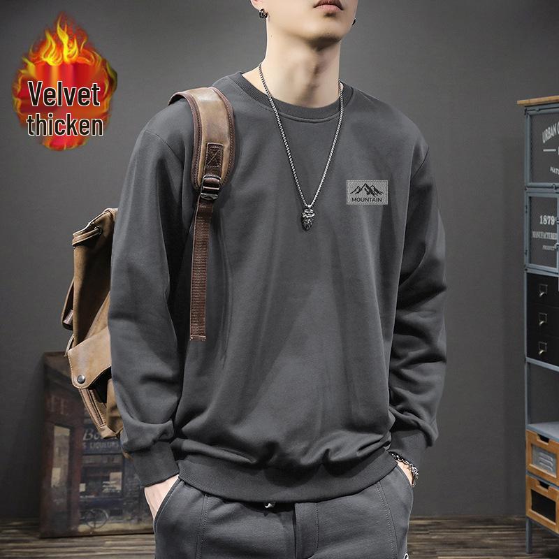 Men's Trendy Hong Kong Style Loose Fit Round Neck Sweatshirt, Autumn/Winter, Plus Velvet, 420g