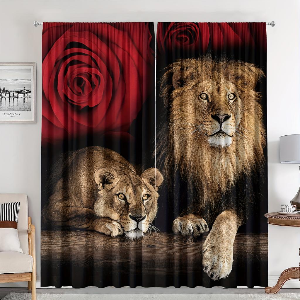 2pcs Elegant Lions And Romantic Rose Print Curtains For Home Decor For Bedrooms Office Kitchen Living Room Study Decor Rod Pocke