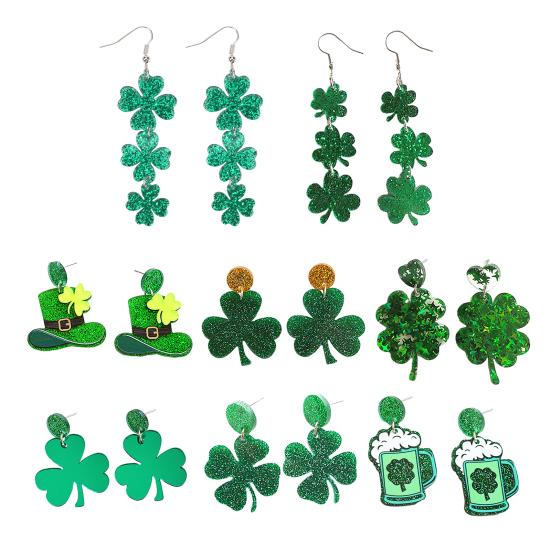 St Patricks Day Earrings Lightweight Acrylic Glitter Shamrock Earrings Sparkly Lucky Clover Dangle Drop Earrings for Women Holiday Party Accessories