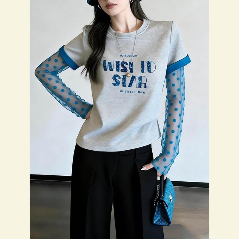 Women Letter Print Polka Dot Mesh Patchwork Long Sleeve T Shirt M серый