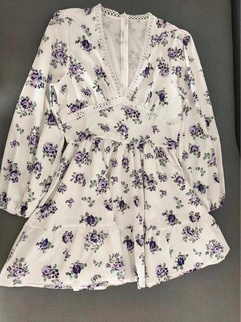 2025 Spring Sweet Print V-neck Lace Short Dress for Women