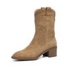 Cow Suede Nubuck Winter Round Toe Modern Boots Med Heels Slip On Five-Star Decoration Women Mid-calf Boots