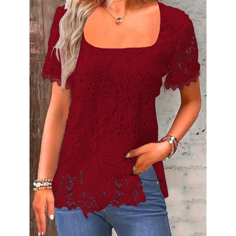 JPNTKY Women's Fashion Casual Solid Color Print Short Sleeve Square Collar Blouses & Shirts