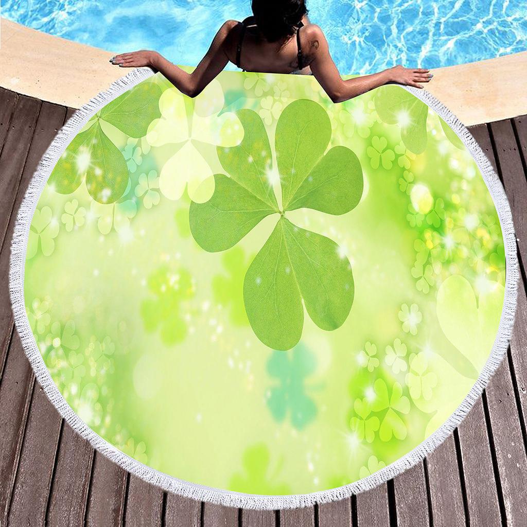 Lucky Clover Round Beach Towels,Soft Lightweight Sand Free Happy St. Patrick's Day Beach Blanket,Spring Botanical Leaves Towel