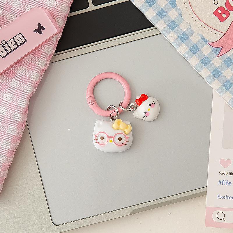 

Cute Cat Keychain With Pom Pom Star Ring Kawaii Resin Animal Key Chain Charm For Women Girls Bag Purse Decor A8