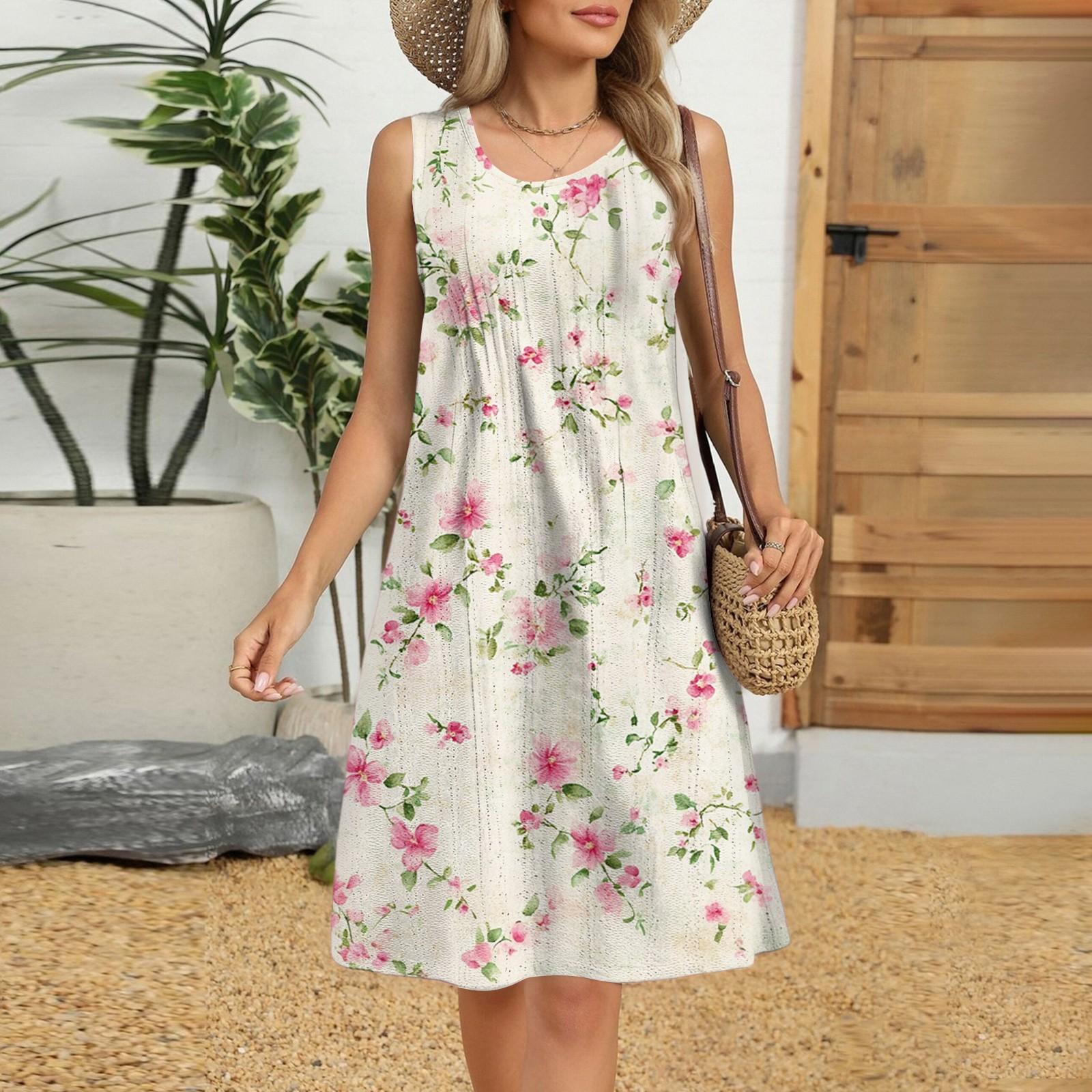 Women s Sleeveless Floral Print Summer Dress with Pockets Casual A-Line Sundress for Beach, Party, Vacation XL