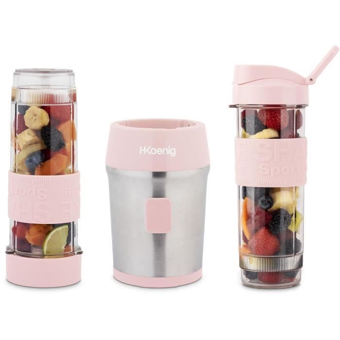 Mini Blender - H.KOENIG - SMOO12 - 300 W - 570 mL - Pastel Pink - 2 Gourds Included - BPA-free