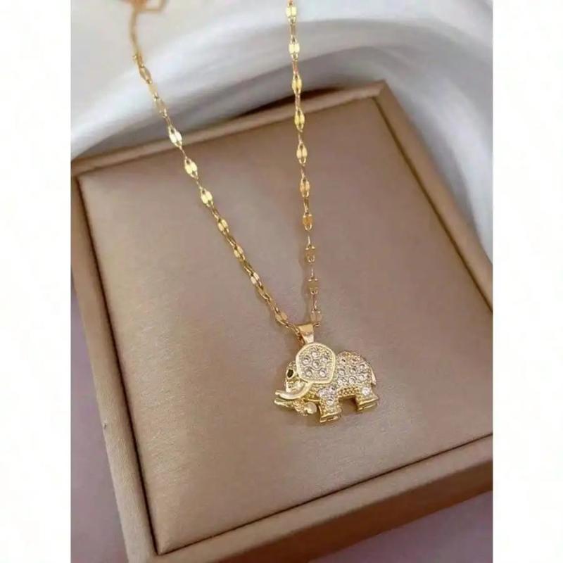 

Brass Alloy Cubic Zirconia Elephant Pendant Necklace - Stainless Steel Chain Electroplated Gold Color - Women s United States