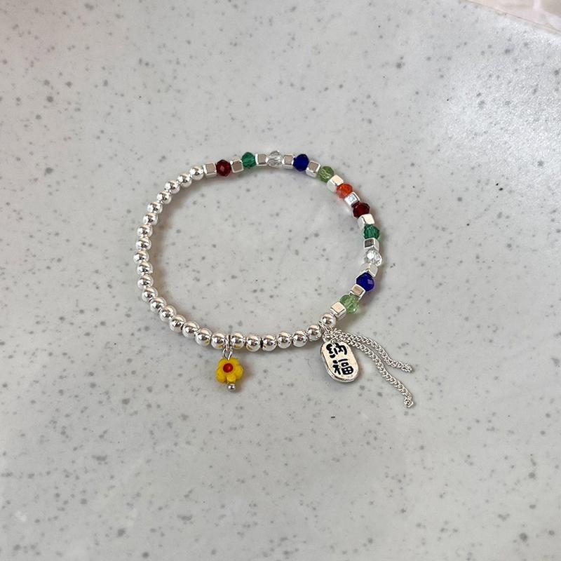 ANENJERY Colored Crystal Beaded Bracelet Women's Niche Design Lucky Fortune Flower Stretch Bracelets Jewelry Accessories