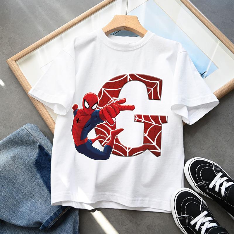 2026 New Childrens Spider Unisex Cartoon Letter Printed Tshirt Cotton Tshirt Boys Short Sleeved Top Childrens Clothing