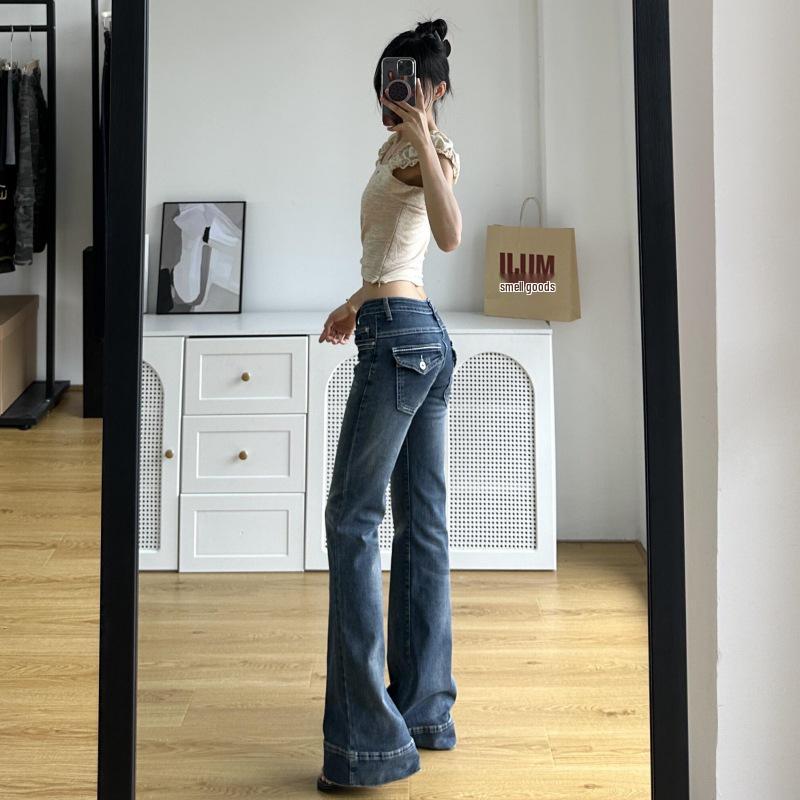 Damskie dżinsy retro, prane, mikro-rozszerzane, długie do podłogi - Jesień 2025, niski stan, luźny krój