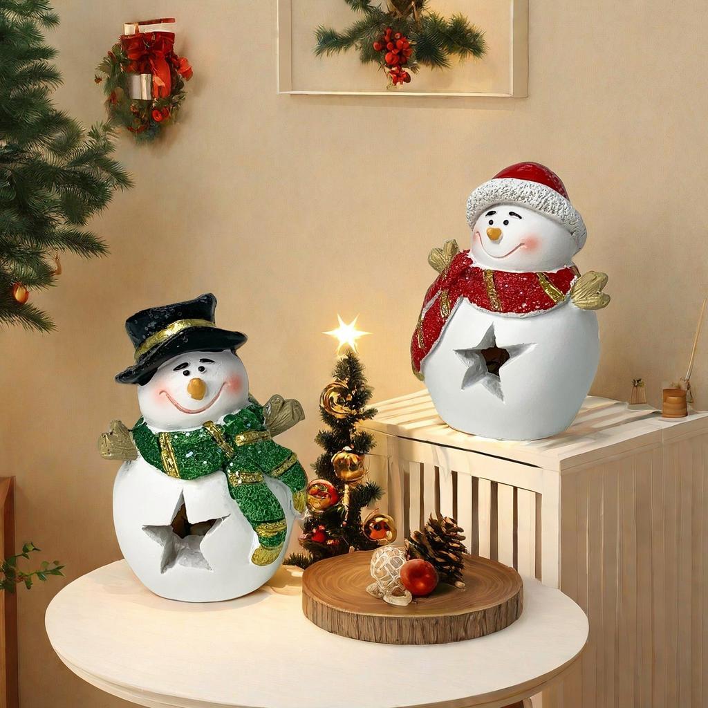 Christmas Night Lights Snowman Pair Ornaments Home Use Living Room Resin Crafts Tabletop Decoration Gift Idea Durable