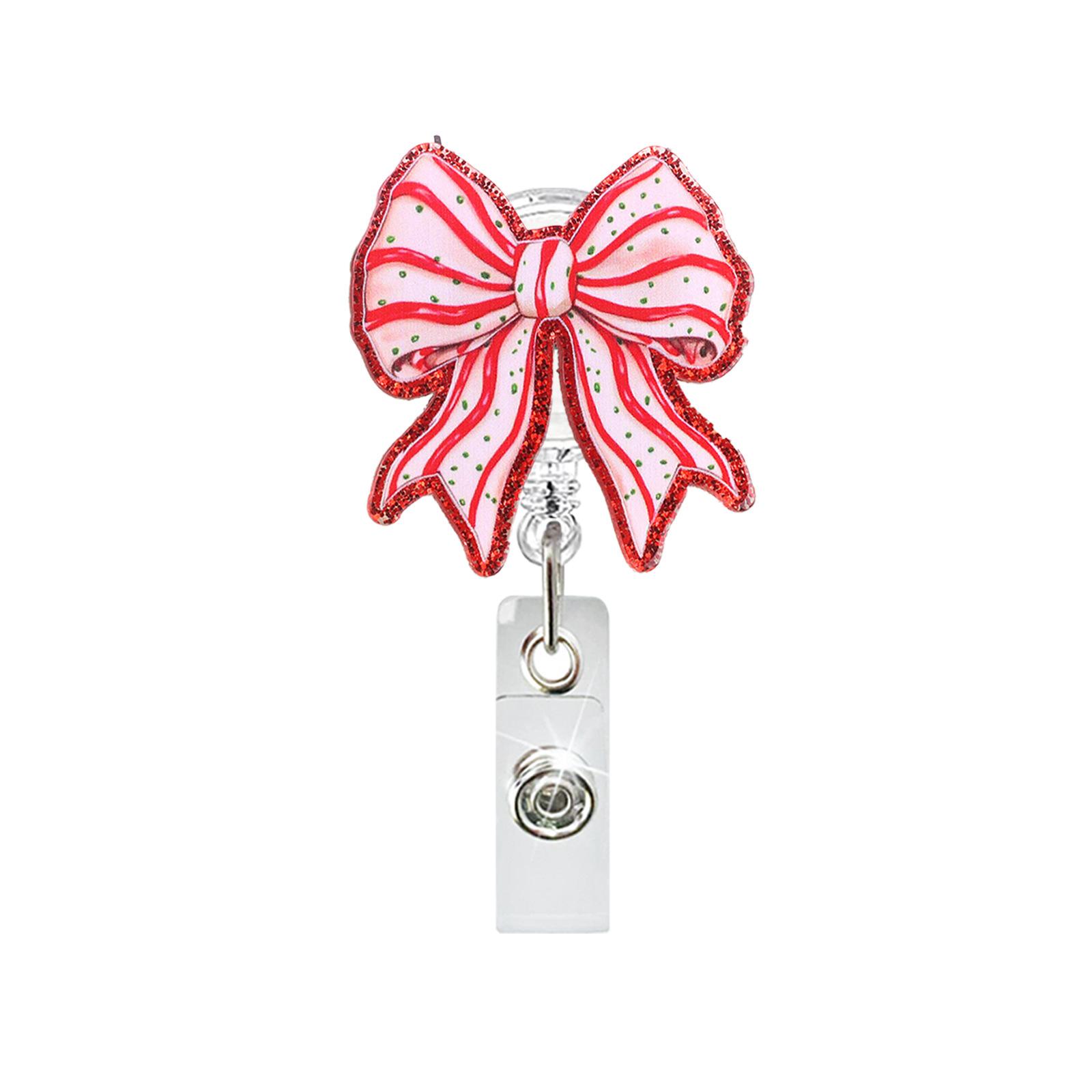 

Acrylic Glitter Pink Christmas Bow Tree Retractable Badge Reel Name Tag Alligator Clip Medical ID Badge Holder Gift for Nurse