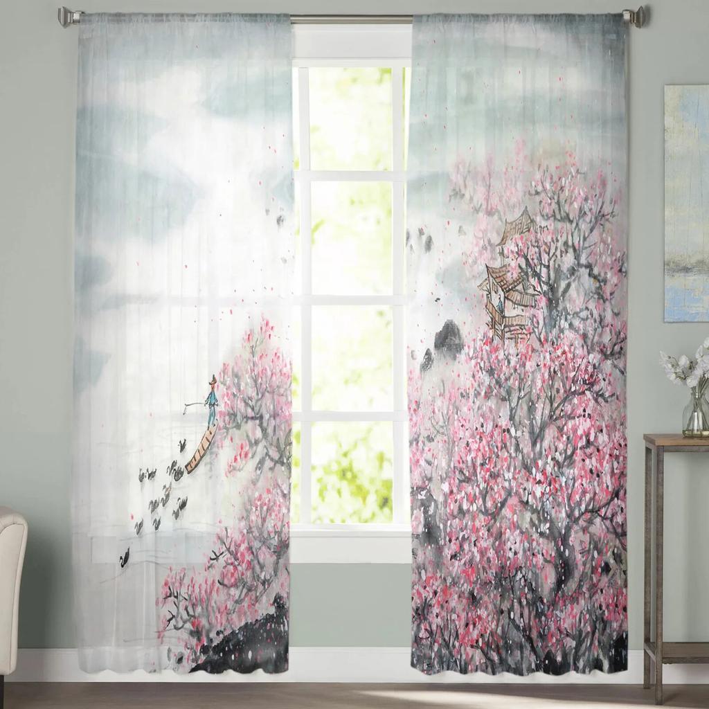 Plum Chinese Style Ink Modern Printed Tulle Curtains for Bedroom Balcony Window Decor Creative Fashion Home Sheer Curtain