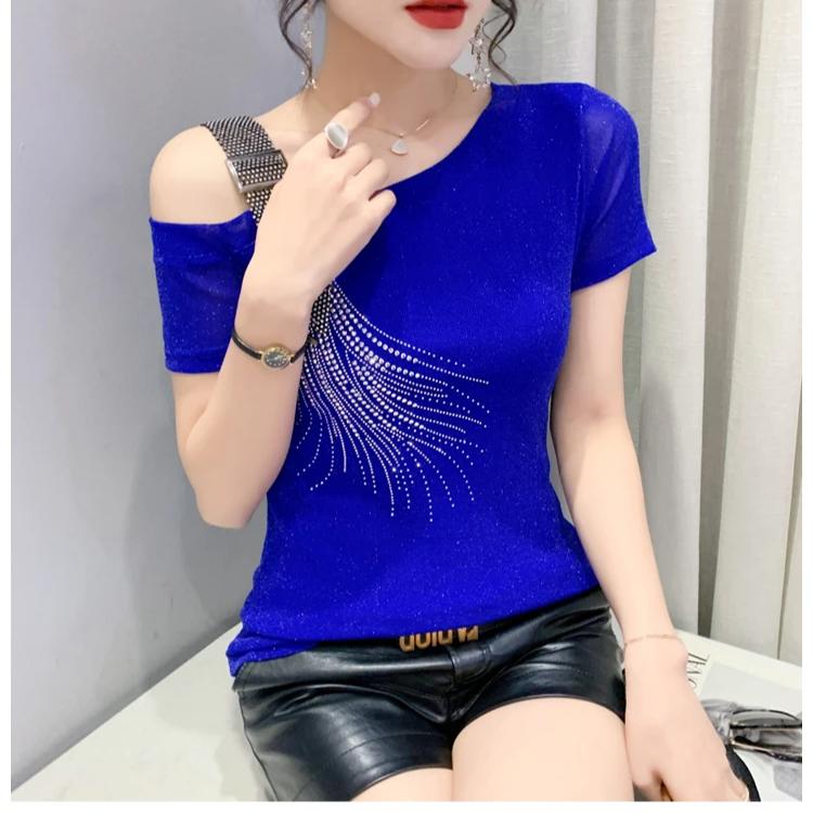 Summer Fashion European Female Clothes T-Shirt Sexy Off Shoulder Shiny Diamonds Mesh Women Tops All Match Tees Blouse
