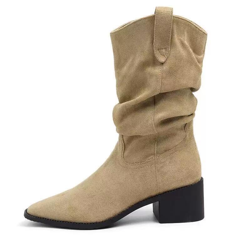 Vintage square head suede western cowboy boots women's 2025 new through pleated pile boots middle heel knight boots short boots