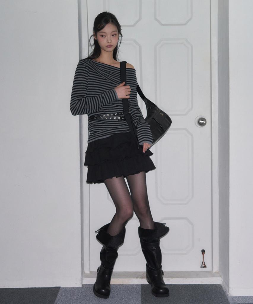 Ledeoli Two-Way Off-Shoulder Striped Knit Top [Charcoal]