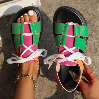 Fashion 2025 Summer Open Toe Women's Plus Size Sandals Round Toe Flat with Lace Up Mixed Colors Sandals for Outdoor Casual Comfortable